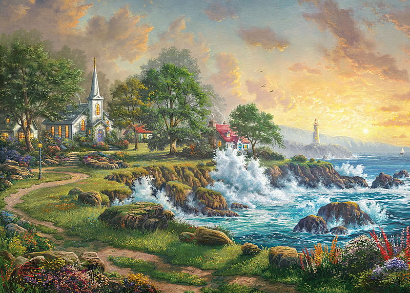 Seaside Heaven, level, church, sea, painting, above, waves, HD wallpaper