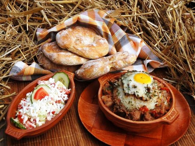 Traditional Food graphy, food, traditional, bread, Bulgaria, salad, HD wallpaper