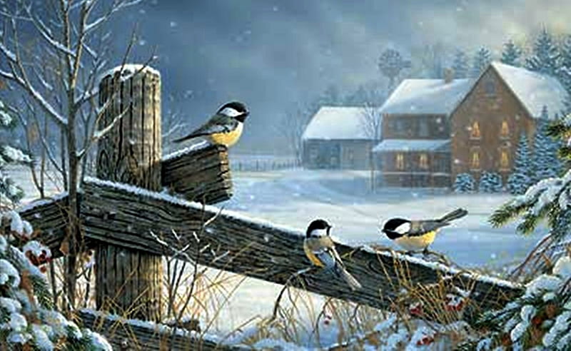 Winter scene, art, paintings, snow, nature, winter, HD wallpaper