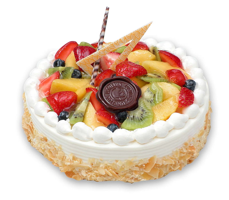 delicious fruit cake, cake, fruit, strawberry, food, kiwi, white, HD wallpaper