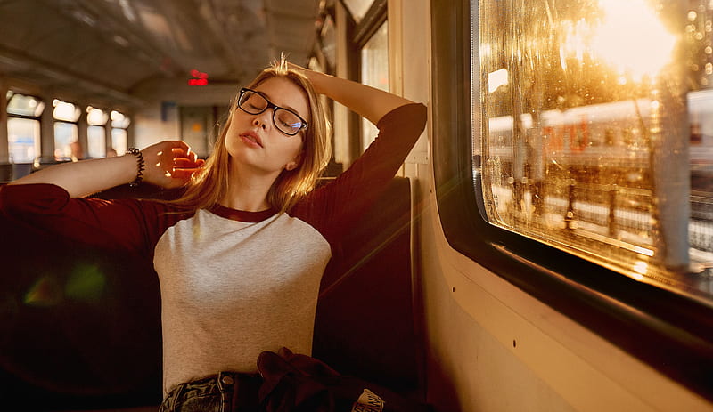 Women With Glasses Closed Eyes Sitting In Train, girls, glasses, model, train, graphy, depth-of-field, outdoors, HD wallpaper