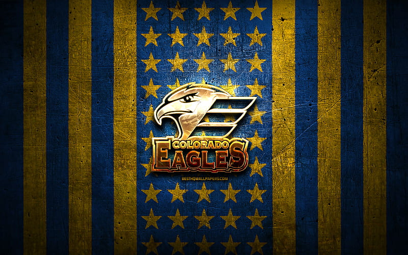 Colorado Eagles flag, AHL, blue yellow metal background, american hockey team, Colorado Eagles logo, USA, hockey, golden logo, Colorado Eagles, HD wallpaper