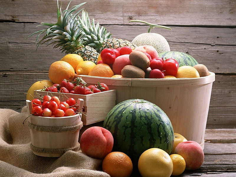 Tasty Fruits, apple, pineapple, strawberry, orange, fruits, fruit, green, watermelon, basket, tasty, HD wallpaper