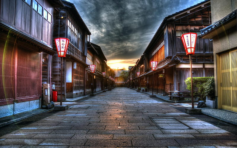 japan, street, lamp, sunset, R, HD wallpaper
