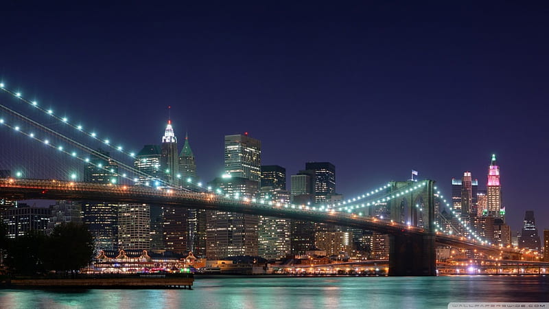 Beautiful brooklyn bridge new york city, city, bridge, river, lights ...