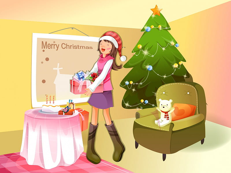 Merry Christmas!, cake, red, bear, yellow, box, lights, sweet, green, pink, star, table, candle, food, christmas, decoration, toy, gift, tree, girl, purple, white, HD wallpaper