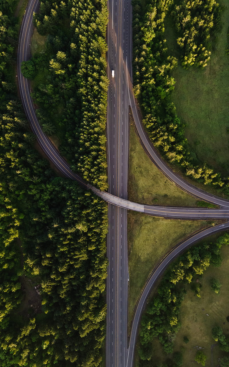 road, marking, aerial view, trees, forest, HD phone wallpaper