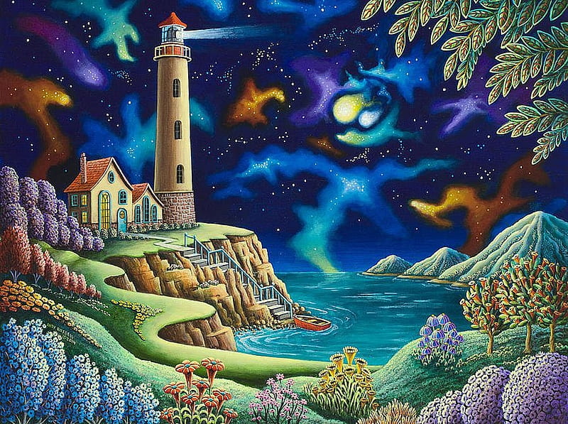 Night Lights, stars, moon, water, painting, sky, artwork, lighthouse, sea, HD wallpaper