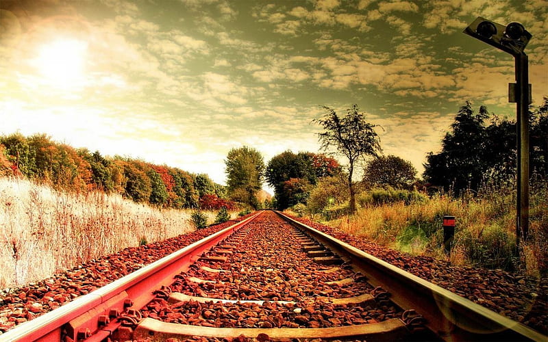 rail road track, rail road, nature, fields, outdoor, HD wallpaper