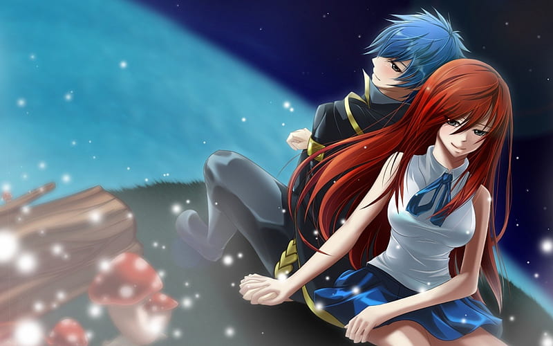 Fairy tail Erza and Jellal, fairy tail, anime, holding hands, erza, smiling, jellal, couple, HD wallpaper