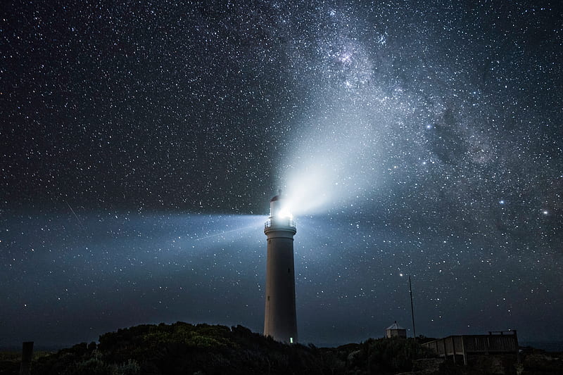 lighthouse, light, night, starry sky, HD wallpaper