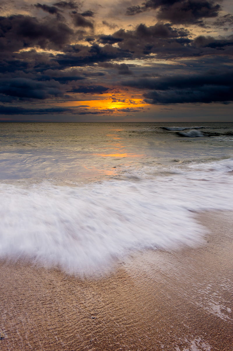 sea, horizon, sunset, tide, waves, HD phone wallpaper