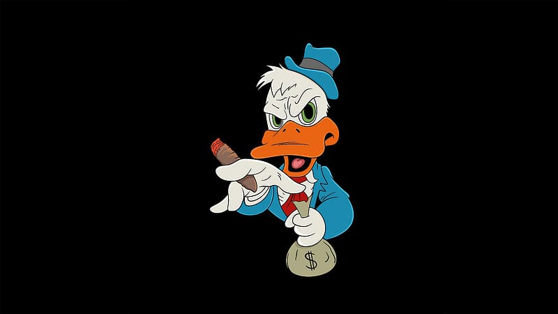 Donald Duck Cigar And Money In Minimal, donald-duck, cartoons, dark, black, oled, artist, artwork, digital-art, HD wallpaper