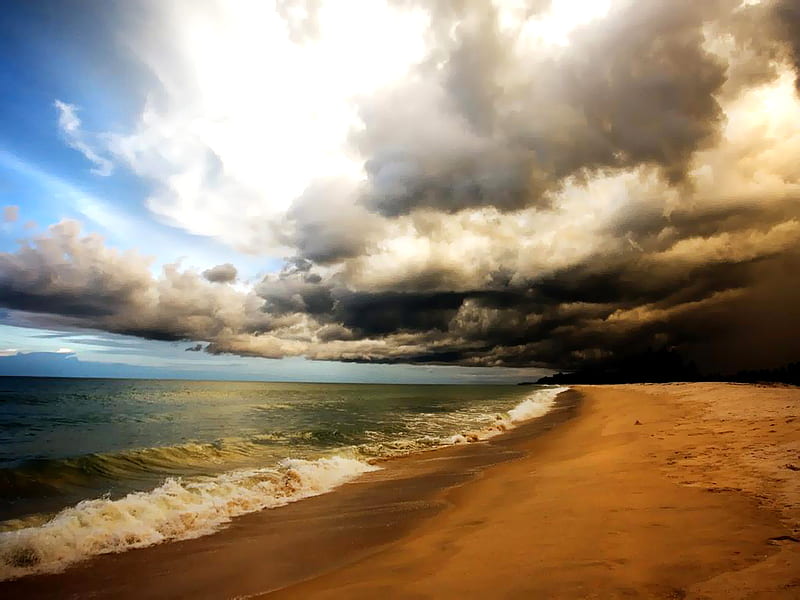 Fierce Beach Storm, brown, yellow, bonito, clouds, sea, beach, sand, green, gris, fierce, blue, black, waves, storm, dark, white, HD wallpaper