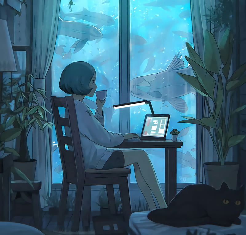 Sea life, anime, calm, girl, ocean, HD wallpaper