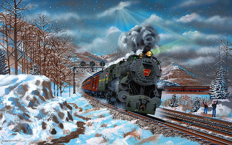 Snow Train F2, railroad, art, locomotive, artwork, train, engine, painting, wide screen, scenery, landscape, HD wallpaper