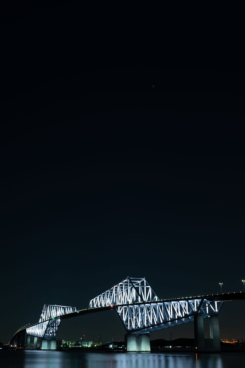 bridge, night city, bay, backlight, tokyo, HD phone wallpaper