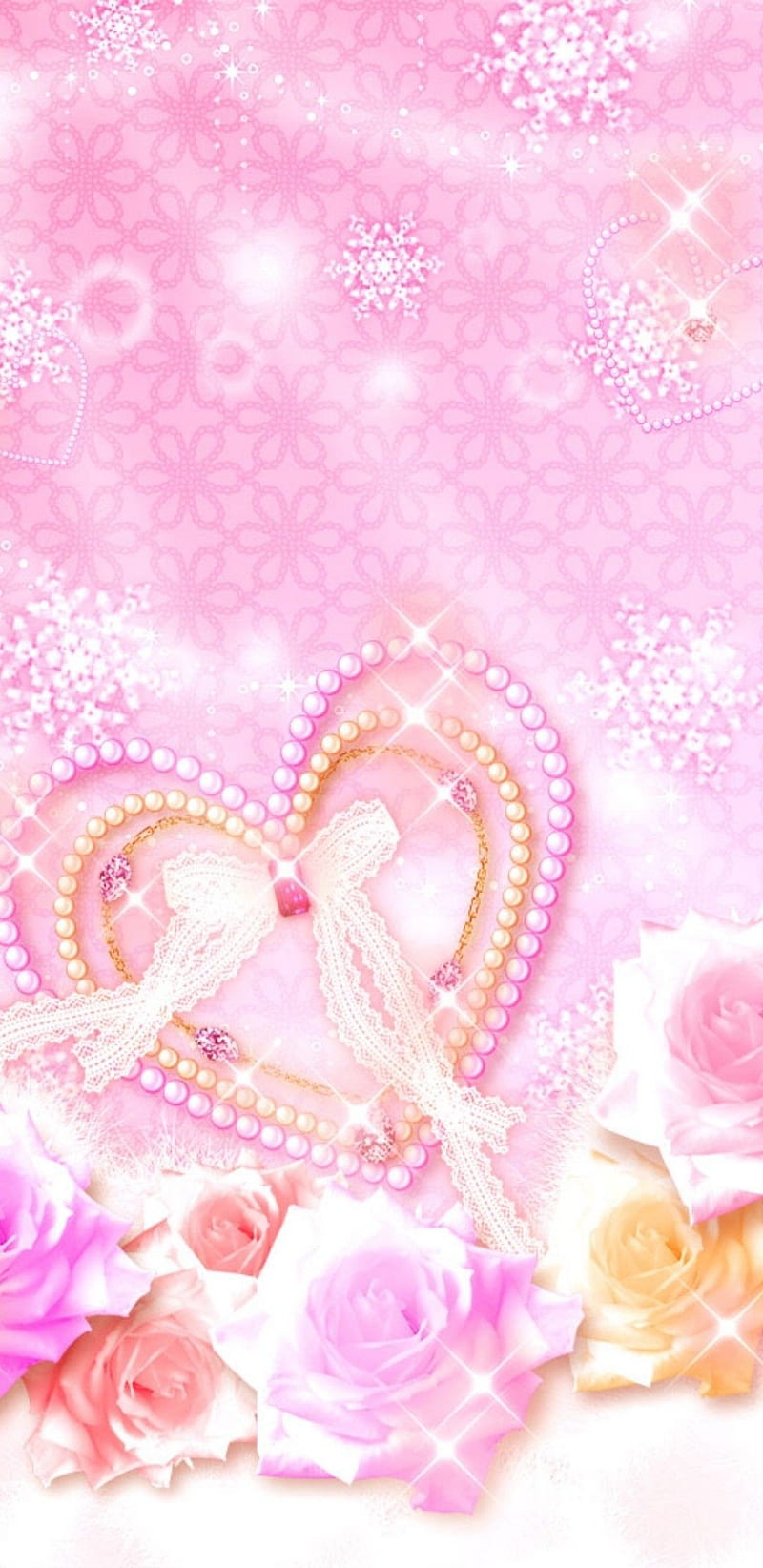 Pearled Heart, flowers, girly, heart, pearl, pink, pretty, princess, ribbon, rose, roses, HD phone wallpaper