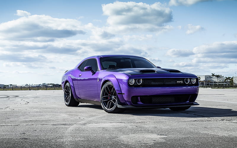 Dodge Challenger, 2020, purple sports coupe, Challenger SRT HellCat, exterior, black wheels, tuning Challenger, american sports cars, Dodge, HD wallpaper