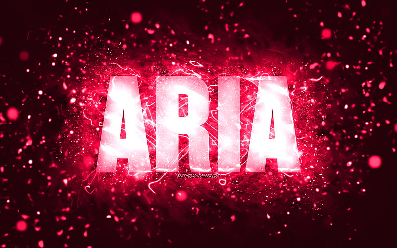 Happy Birtay Aria pink neon lights, Aria name, creative, Aria Happy Birtay, Aria Birtay, popular american female names, with Aria name, Aria, HD wallpaper