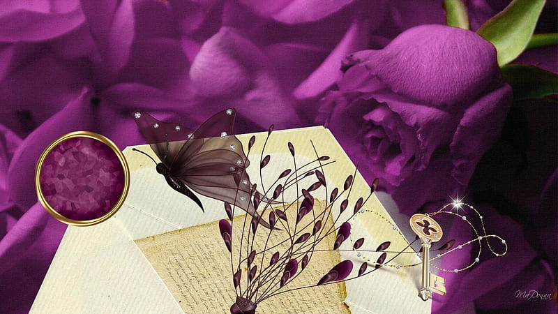 Vintage Purple Roses, chain, firefox persona, old, key, atiquie, butterfly, brooch, vintage, letter, HD wallpaper