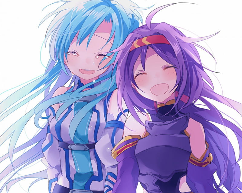 Shikei, tongue out, blue hair, purple hair, blue eyes, red eyes, Yuuki  Asuna (Sword Art Online), two women, Sword Art Online, anime, Konno Yuuki,  anime girls, elves, pointy ears