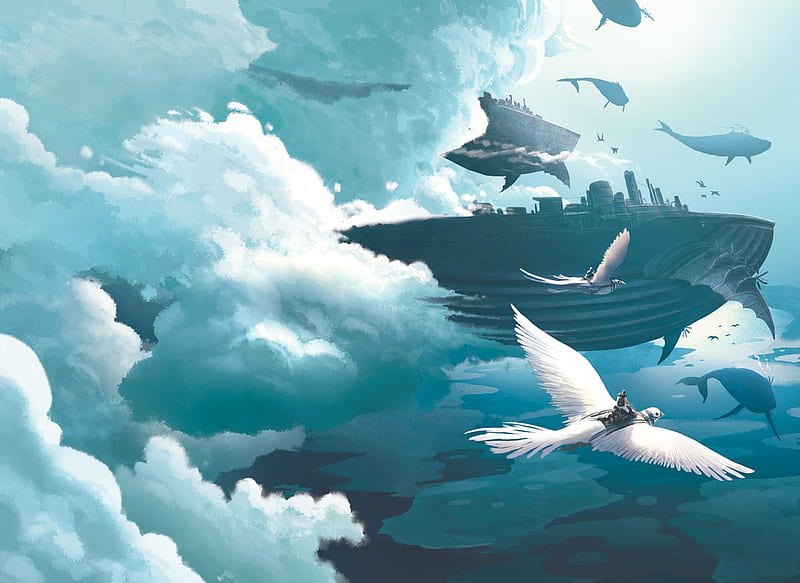 whale, fantasy, ocean, birds, beauty, clouds, gulls, sea, HD wallpaper