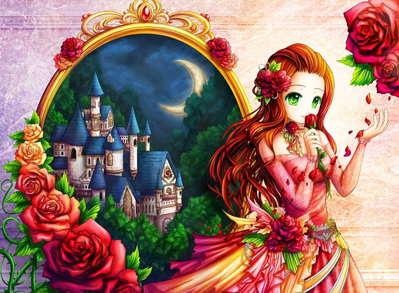 Belle, pretty, house, cg, floral, nice, anime, asore, beauty, anime girl, realistic, long hair, disney, lovely, gown, hollywood, amour, cartoon, sexy, palace, building, cute, crescent, dress, movie, divine, rose, walt disney, bonito, sublime, elegant, moon, blossom, hot, gorgeous, night, female, roses, 3d, girl, flower, petals, princess, castle, HD wallpaper