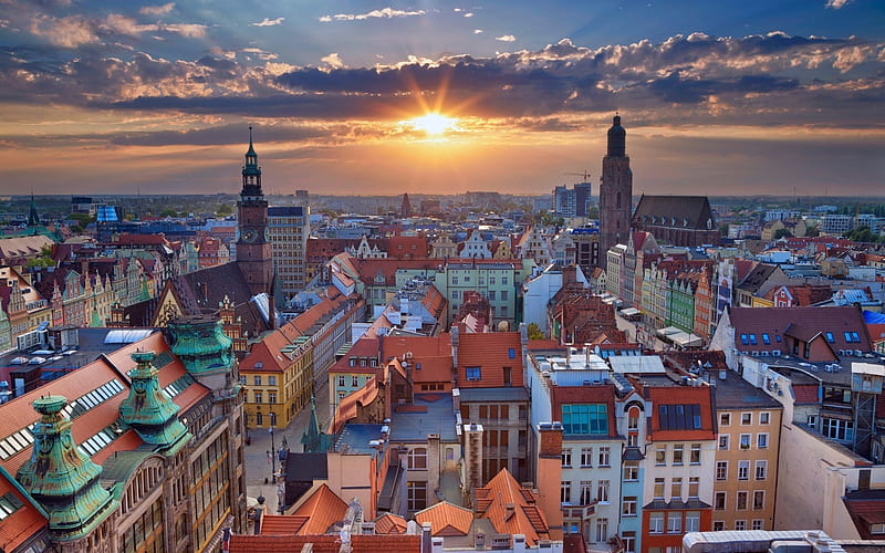 Wroclaw at Sunset, Poland, Poland, sunset, town, Wroclaw, HD wallpaper