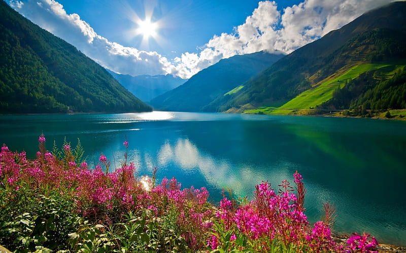 Beautiful Scenery, mountain, flowers, nature, scenery, lake, HD wallpaper