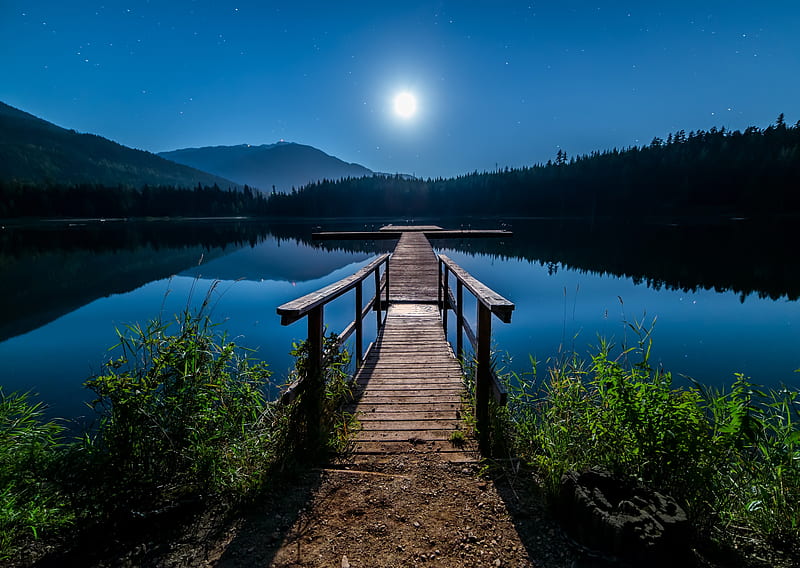 Moonrise over the lake, moon, mountains, vegetation, forests, nature, lake, night, blue, pier, HD wallpaper