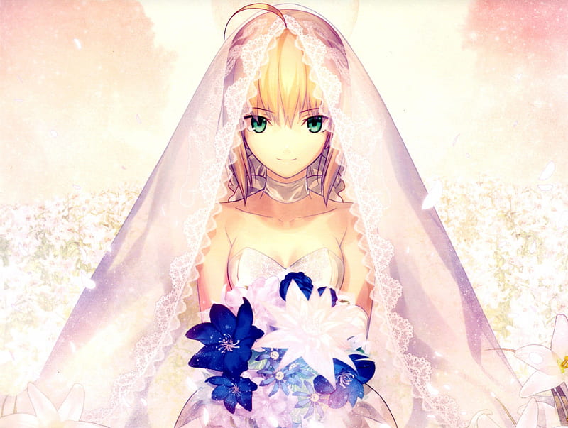 Saber, fate saty night, flowers, anime, wedding dress, HD wallpaper ...