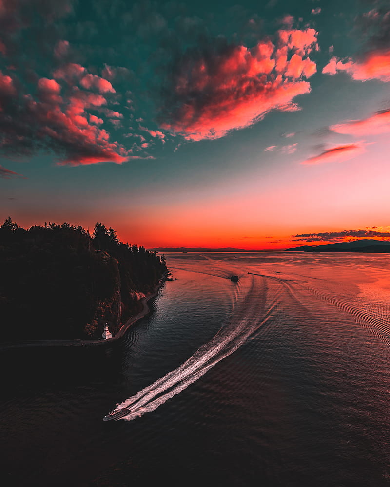 landscape, nature, forest, trees, sky, Vancouver, Canada, sunset, boat, HD phone wallpaper