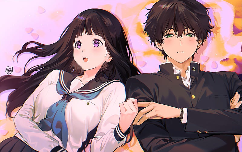 houtarou x eru, anime couple, hyouka, school uniform, chitanda eru, oreki houtarou, Anime, HD wallpaper