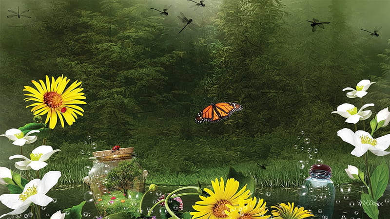 On the River, stream, flowers, woods, brook, papillion, bubbles, dragonfly, flowers, butterfy, river, bottles, forest, wild flowers, floating, butterflies, spring, creek, daisies, ladybug, dragonflies, magical, summer, lady bug, HD wallpaper