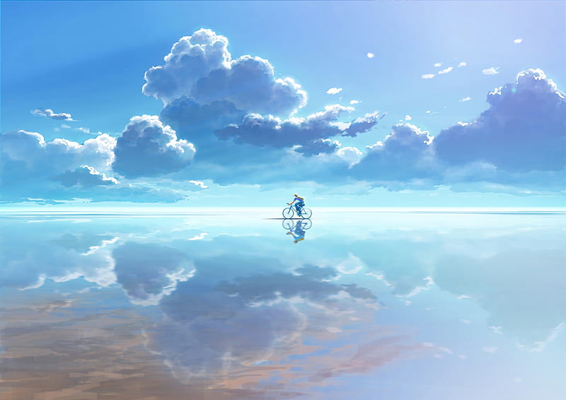 Bicycle Clouds Reflection, anime, clouds, artist, artwork, digital-art, bicycle, reflection, HD wallpaper