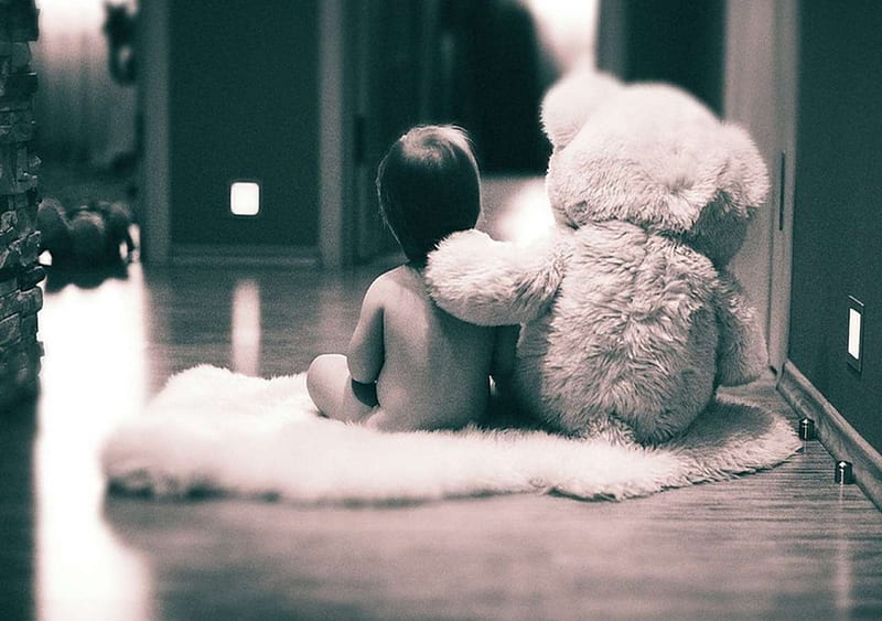 Boy and teddy bear, toy, teddybear, boy, HD wallpaper
