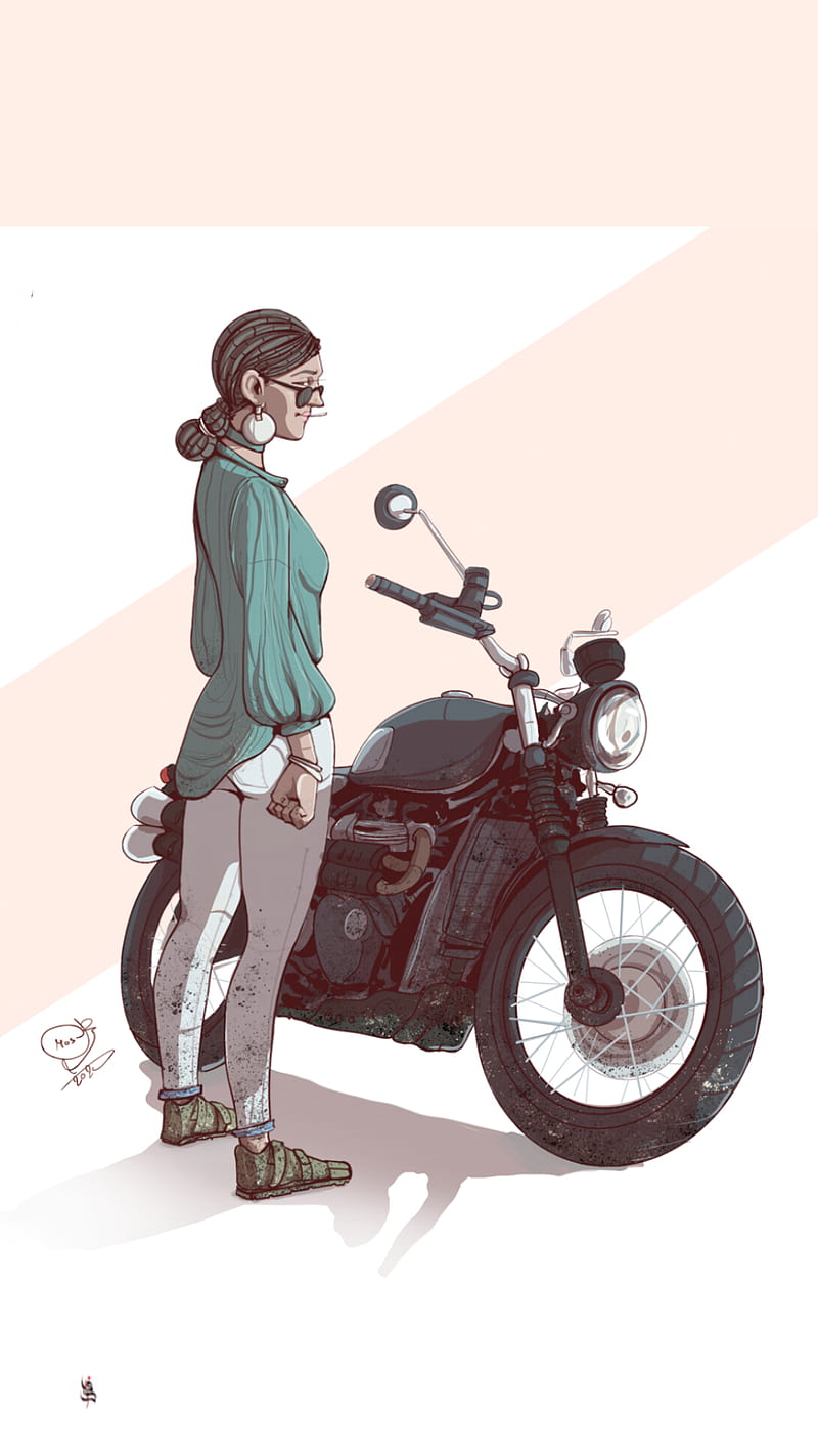 illustration, digital, drawing, kudi888, artwork, motorcycle, women, HD phone wallpaper