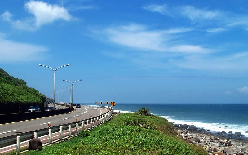 Road on the Coast of Taiwan, oceans, roads, nature, sky, blue, HD wallpaper