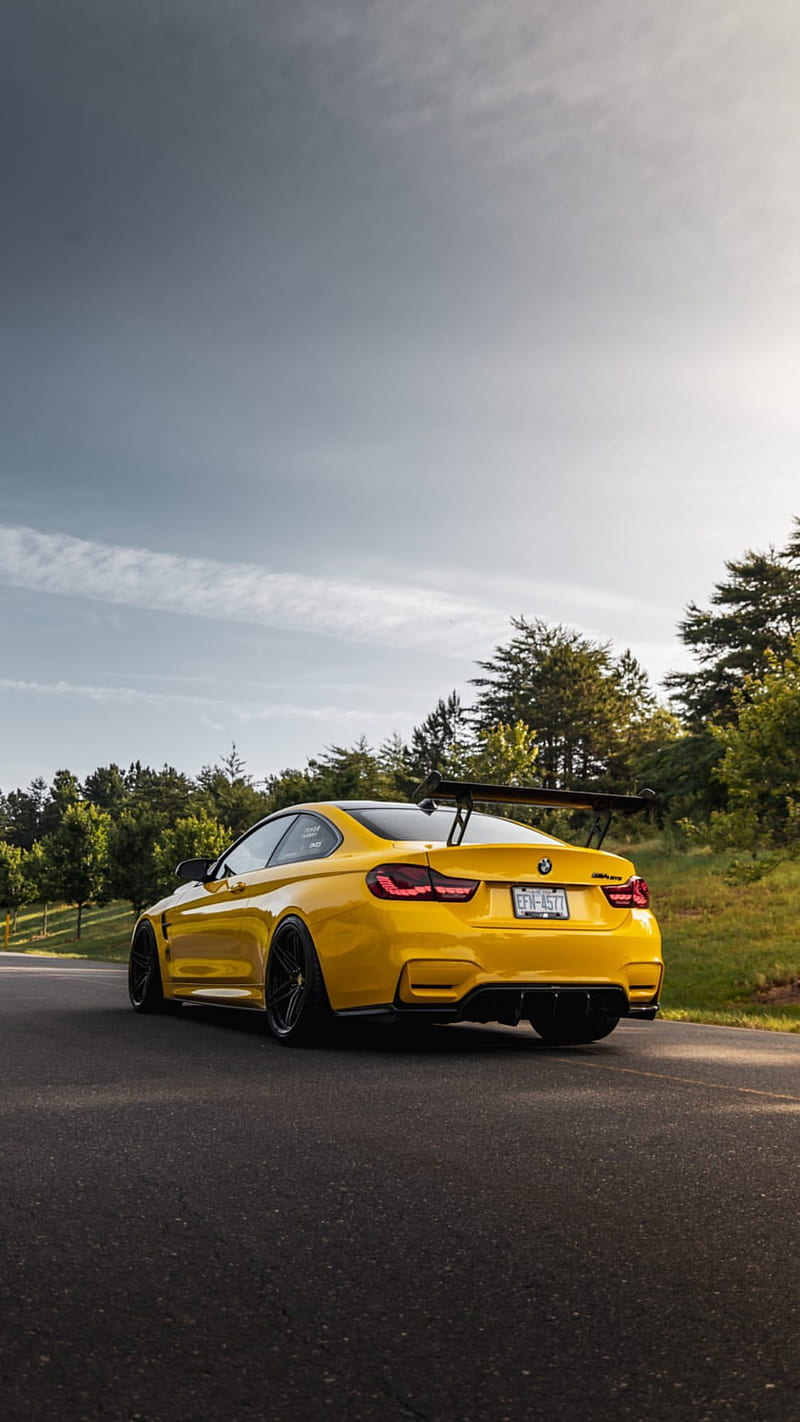 BMW M4, car, coupe, f82, m power, rear, tuning, vehicle, yellow, HD phone wallpaper