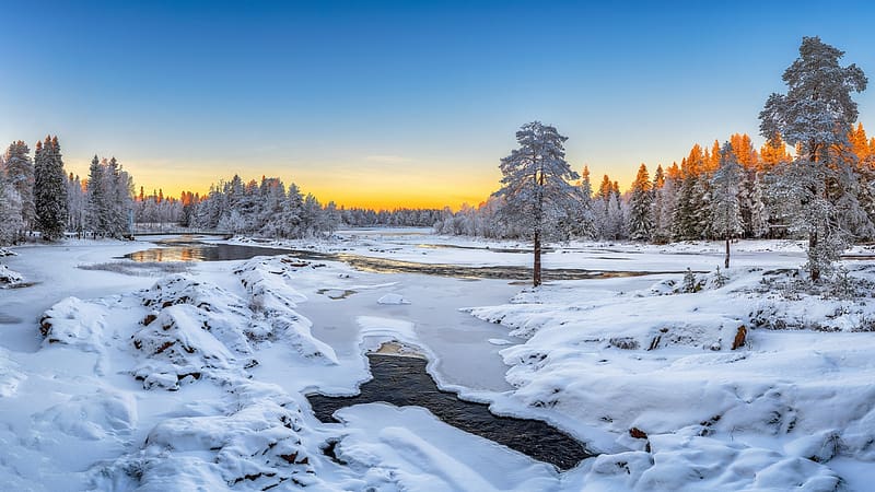 River near Oulu, Finland, winter, snow, colors, trees, landscape, sky, ice, sunrise, HD wallpaper