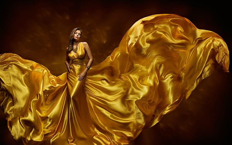 Fashion Model, gold, woman, fashion, silky, HD wallpaper