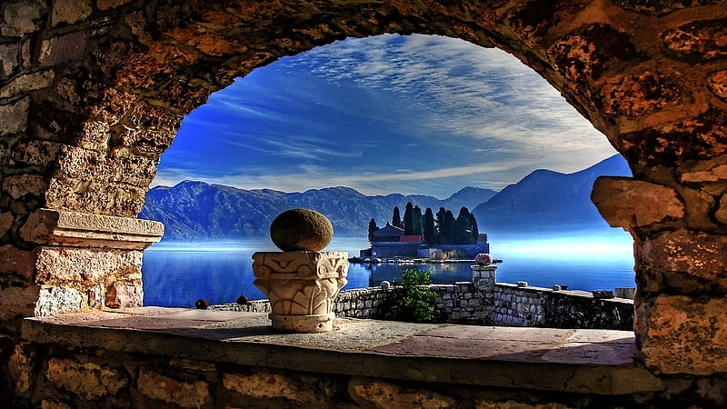 Montenegro, window, view, mountains, bonito, st george, island, lake, HD wallpaper