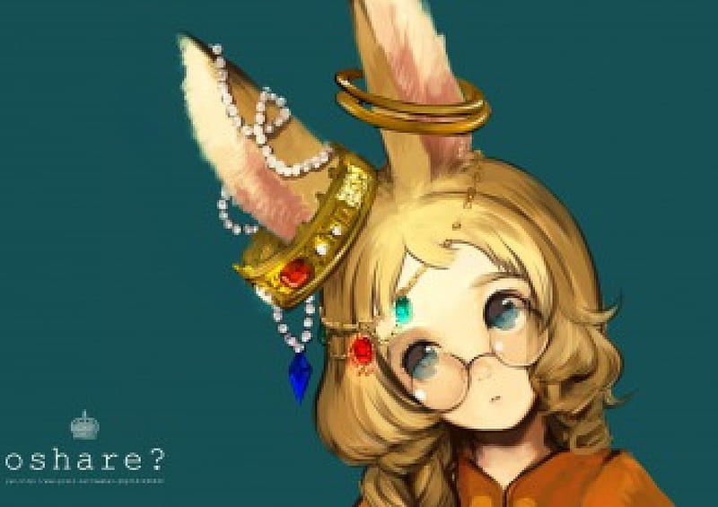Oshare?, jewels, glasses, blonde, bunny ears, jewelry, sweet, gold, girl, anime, crown, pearls, blue eyes, HD wallpaper