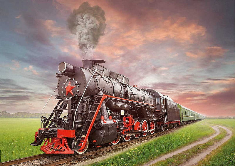 Steam Train, railways, locomotive, sky, landscape, clouds, HD wallpaper