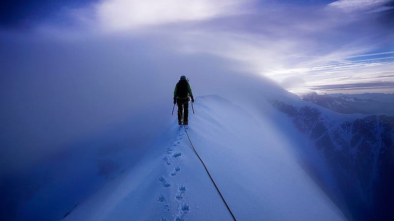 climber reaching summit in a snow storm, mountain, summit, snow, climber, storm, HD wallpaper