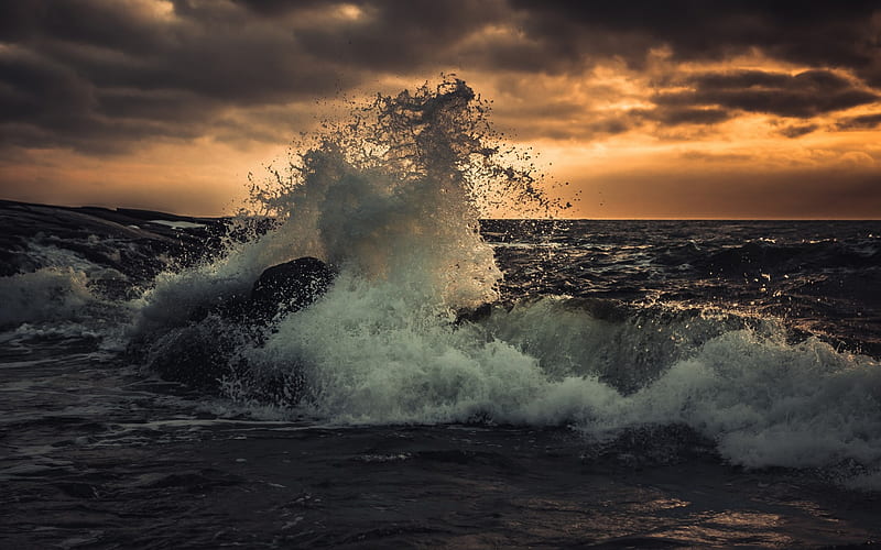 storm, big wave, sunset, seascape, sea, HD wallpaper