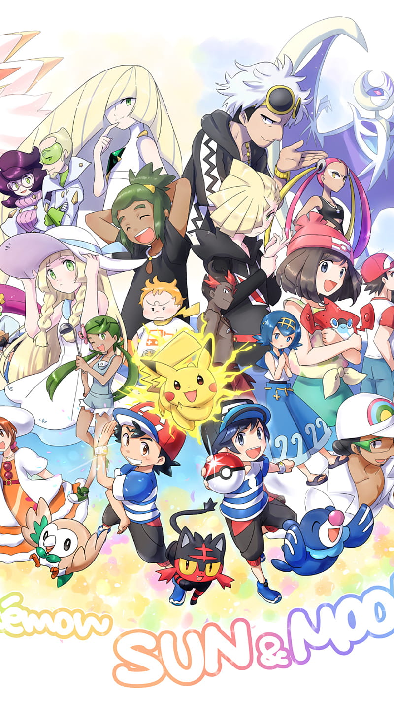 Pokemon Sun and Moon, ash, gladion, kiawe, lana, lillie, mallow, pikachu, pokemon, professor kukui, sophocles, HD phone wallpaper