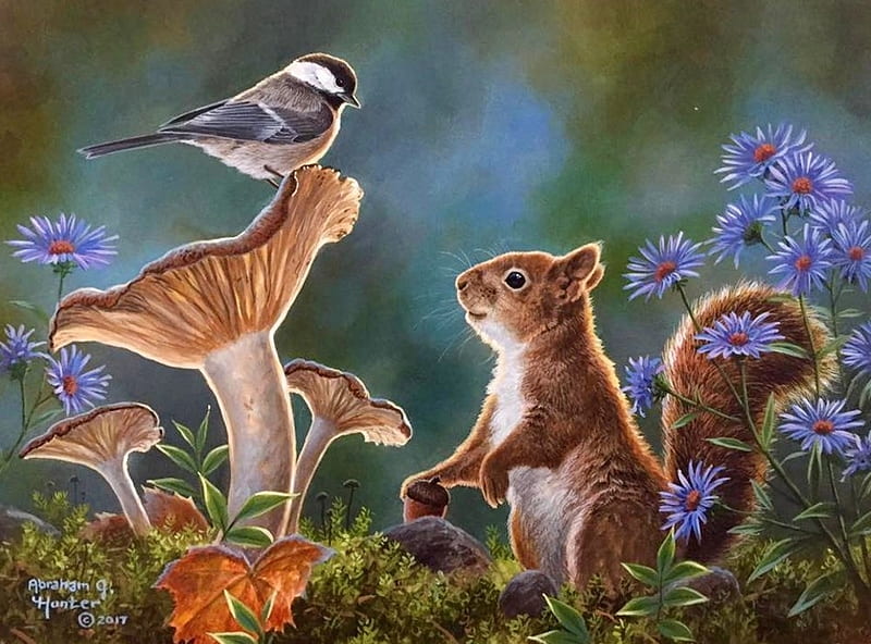 Squirrel and a bird, bird, painting, mushroom, pasari, pictura, animal, veverita, squirrel, abraham hunter, flower, HD wallpaper
