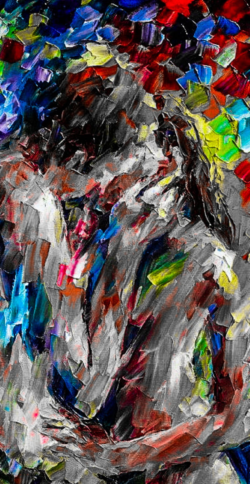 The Kiss, art, black, canvas, color, oil, painting, pop, scenes, white, HD phone wallpaper